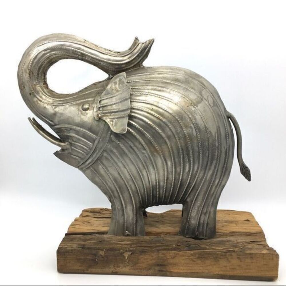 Forged Welded Primitive Brutalist Industrial Metal Elephant on Wood Sculpture